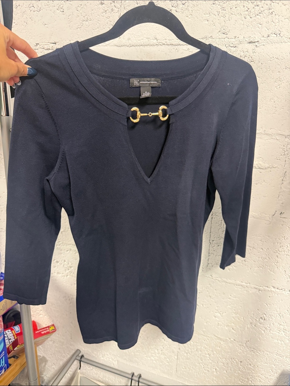 INC International Concepts Navy Long Sleeve Top Gold Horsebit Medium VINTAGE